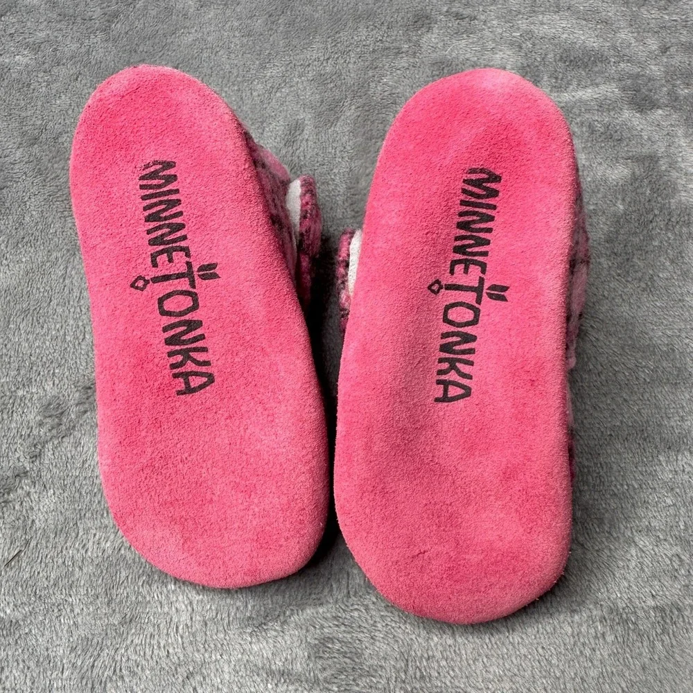 Minnetonka Slipper Boots Toddler Girls Sz 3 Pink Plaid Faux Fur Wool Lined‎ Cozy